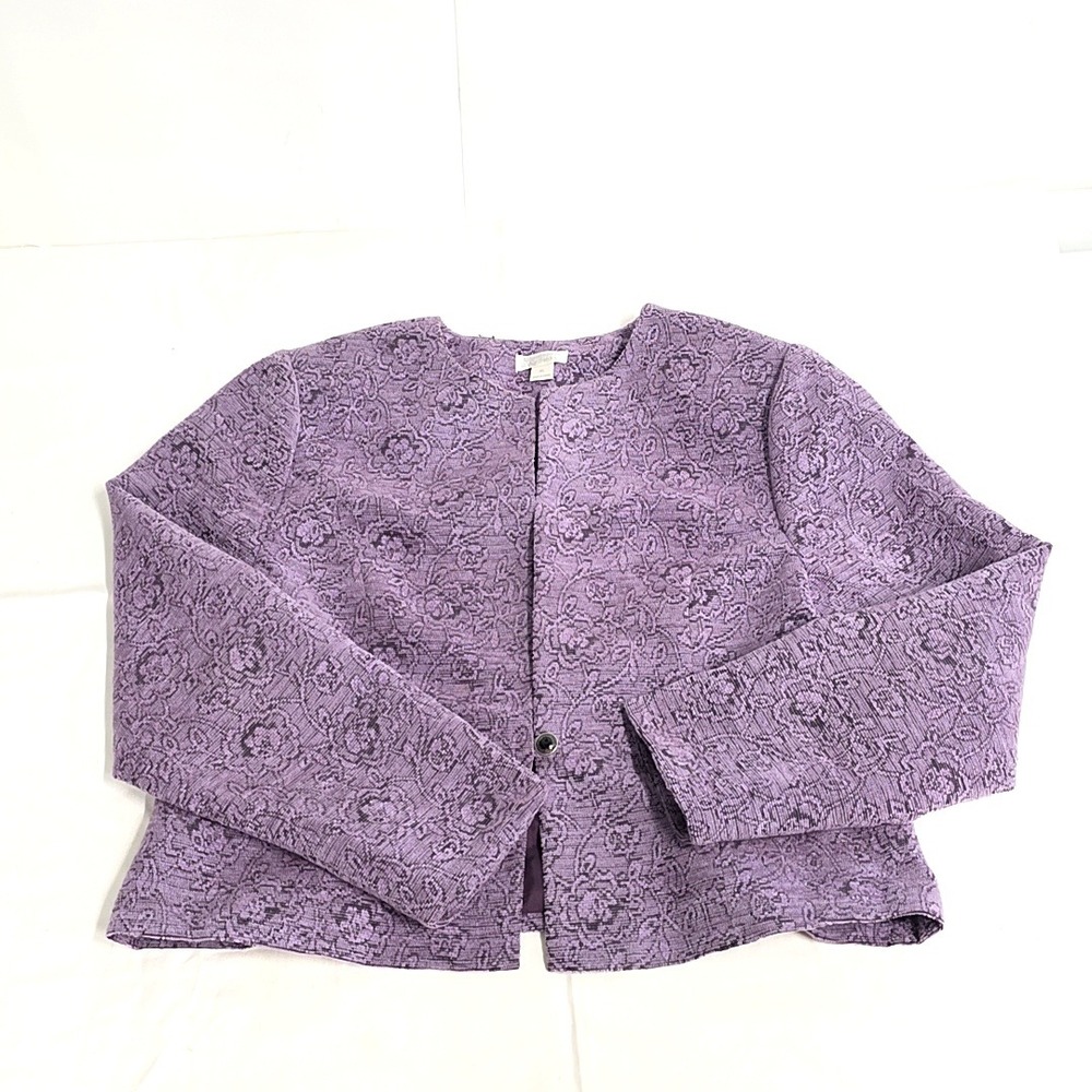 Christopher & Banks Blazer Women XL Purple Floral Jacquard Collarless Jacket